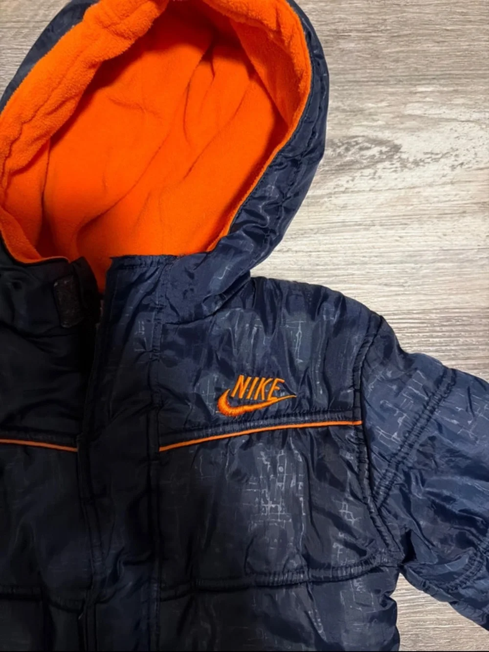 Nike Kids Navy Puffer Coat with Orange Hood and Trim size 4